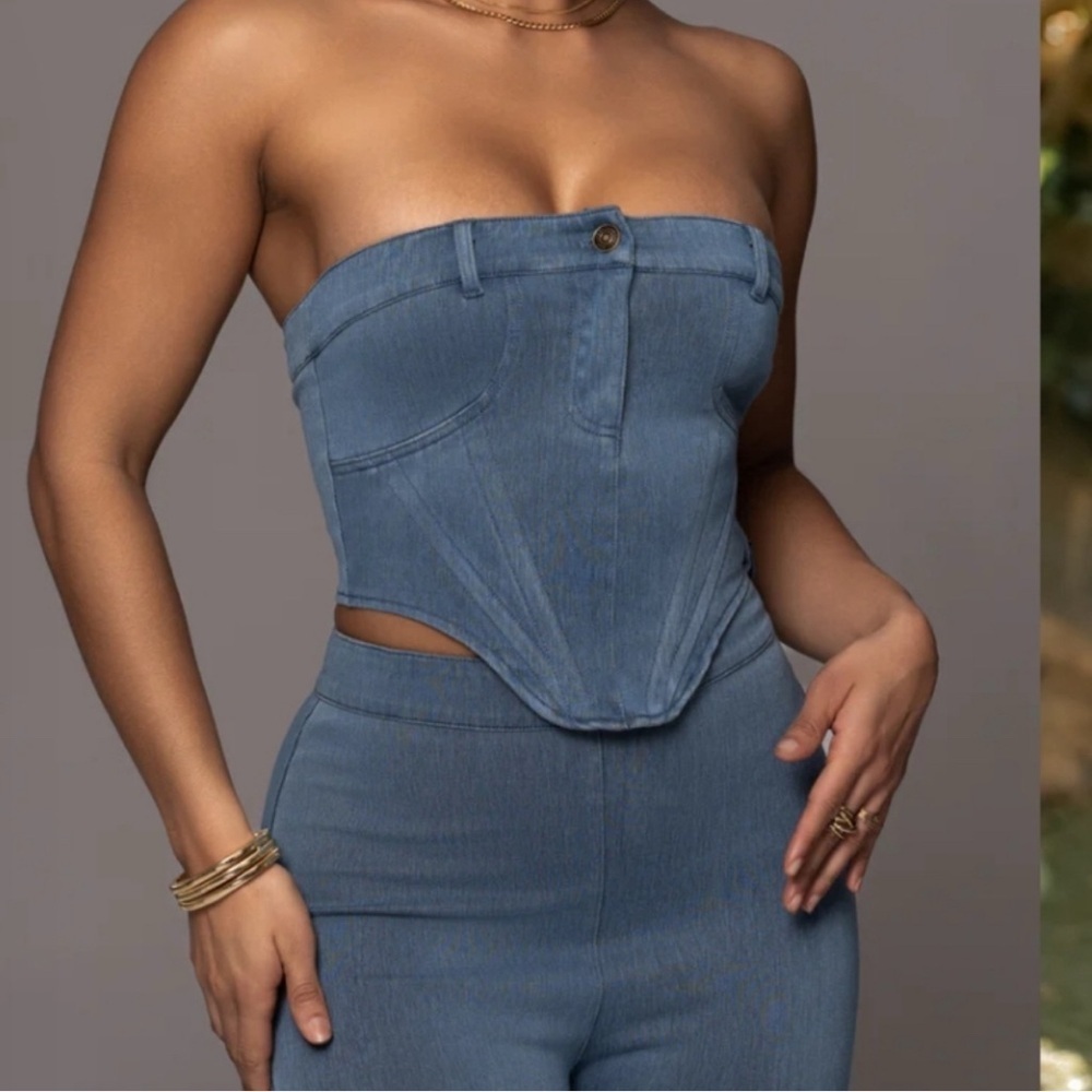 NWT Jluxlabel x Nat And Liv Denim Corset Crop Top Small Blue Strapless Western